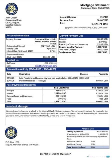 Marshall Islands Bank of the Marshall Islands mortgage statement Word and PDF template